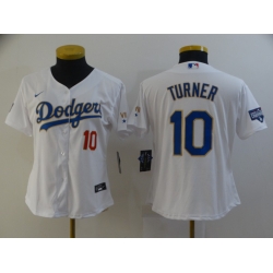 Women Los Angeles Dodgers Justin Turner 10 Championship Gold Trim White All Stitched Flex Base Jersey