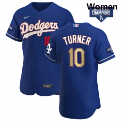 Women Los Angeles Dodgers Justin Turner 10 Gold Program Designed Edition Blue Flex Base Stitched Jersey
