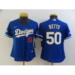 Women Los Angeles Dodgers Mookie Betts 50 Championship Gold Trim Blue Limited All Stitched Cool Base Jersey