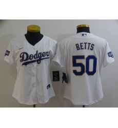 Women Los Angeles Dodgers Mookie Betts 50 Championship Gold Trim White Limited All Stitched Cool Base Jersey
