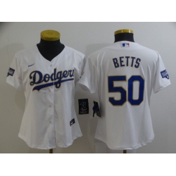 Women Los Angeles Dodgers Mookie Betts 50 Championship Gold Trim White Limited All Stitched Cool Base Jersey
