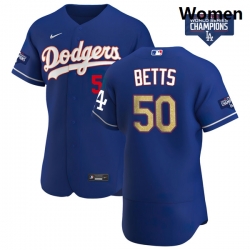 Women Los Angeles Dodgers Mookie Betts 50 Gold Program Designed Edition Blue Flex Base Stitched Jersey