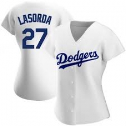 Women Los Angeles Dodgers Tommy Lasorda 27 White Flex Base Jersey