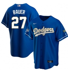 Women Los Angeles Dodgers Trevor Bauer 27 Championship Gold Trim Blue Limited All Stitched Cool Base Jersey
