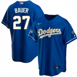 Women Los Angeles Dodgers Trevor Bauer 27 Championship Gold Trim Blue Limited All Stitched Cool Base Jersey
