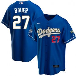 Women Los Angeles Dodgers Trevor Bauer 27 Championship Gold Trim Blue Limited All Stitched Flex Base Jersey