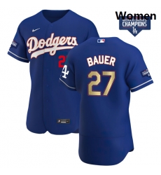 Women Los Angeles Dodgers Trevor Bauer 27 Gold Program Designed Edition Blue Flex Base Stitched Jersey