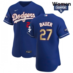 Women Los Angeles Dodgers Trevor Bauer 27 Gold Program Designed Edition Blue Flex Base Stitched Jersey