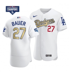 Women Los Angeles Dodgers Trevor Bauer 27 Gold Program White Flex Base Stitched Jersey