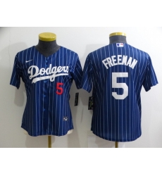 Women's Los Angeles Dodgers #5 Freddie Freeman Navy Blue Pinstripe Stitched MLB Cool Base Nike Jersey