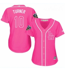 Womens Majestic Los Angeles Dodgers 10 Justin Turner Authentic Pink Fashion Cool Base 2018 World Series MLB Jersey