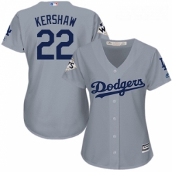Womens Majestic Los Angeles Dodgers 22 Clayton Kershaw Authentic Grey Road 2017 World Series Bound Cool Base MLB Jersey