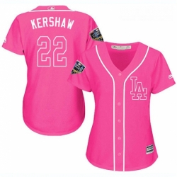 Womens Majestic Los Angeles Dodgers 22 Clayton Kershaw Authentic Pink Fashion Cool Base 2018 World Series MLB Jersey