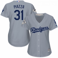 Womens Majestic Los Angeles Dodgers 31 Mike Piazza Authentic Grey Road 2017 World Series Bound Cool Base MLB Jersey
