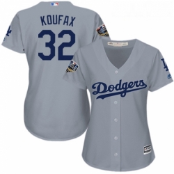 Womens Majestic Los Angeles Dodgers 32 Sandy Koufax Authentic Grey Road Cool Base 2018 World Series MLB Jersey