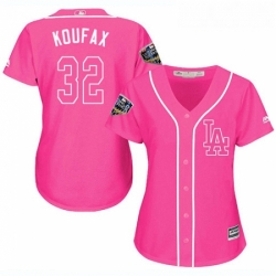 Womens Majestic Los Angeles Dodgers 32 Sandy Koufax Authentic Pink Fashion Cool Base 2018 World Series MLB Jersey