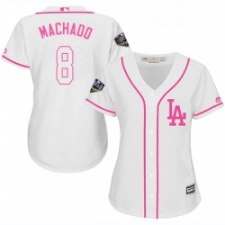 Womens Majestic Los Angeles Dodgers 8 Manny Machado Authentic White Fashion Cool Base 2018 World Series MLB Jersey 