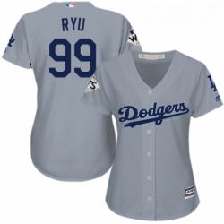 Womens Majestic Los Angeles Dodgers 99 Hyun Jin Ryu Authentic Grey Road 2017 World Series Bound Cool Base MLB Jersey