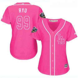 Womens Majestic Los Angeles Dodgers 99 Hyun Jin Ryu Authentic Pink Fashion Cool Base 2018 World Series MLB Jersey