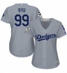 Womens Majestic Los Angeles Dodgers 99 Hyun Jin Ryu Replica Grey Road 2017 World Series Bound Cool Base MLB Jersey