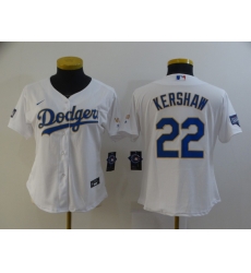 Ｗomen Los Angeles Dodgers Clayton Kershaw 22 Championship Gold Trim White All Stitched Cool Base Jersey