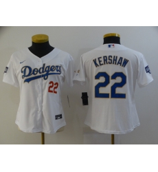 Ｗomen Los Angeles Dodgers Clayton Kershaw 22 Championship Gold Trim White All Stitched Flex Base Jersey
