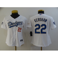Ｗomen Los Angeles Dodgers Clayton Kershaw 22 Championship Gold Trim White All Stitched Flex Base Jersey
