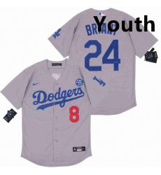 Youth Dodgers Front 8 Back 24 Kobe Bryant Grey Cool Base Stitched MLB Jersey
