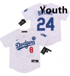 Youth Dodgers Front 8 Back 24 Kobe Bryant White Cool Base Stitched MLB Jersey