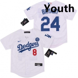 Youth Dodgers Front 8 Back 24 Kobe Bryant White Cool Base Stitched MLB Jersey