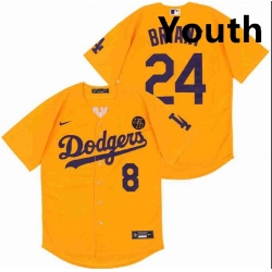 Youth Dodgers Front 8 Back 24 Kobe Bryant Yellow Cool Base Stitched MLB Jersey