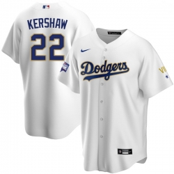 Youth Los Angeles Dodgers Clayton Kershaw 22 Championship Gold Trim White Limited All Stitched Cool Base Jersey