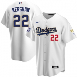 Youth Los Angeles Dodgers Clayton Kershaw 22 Championship Gold Trim White Limited All Stitched Flex Base Jersey