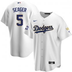 Youth Los Angeles Dodgers Corey Seager 5 Championship Gold Trim White Limited All Stitched Cool Base Jersey