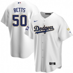Youth Los Angeles Dodgers Mookie Betts 50 Championship Gold Trim White Limited All Stitched Cool Base Jersey