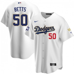 Youth Los Angeles Dodgers Mookie Betts 50 Championship Gold Trim White Limited All Stitched Flex Base Jersey