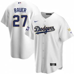 Youth Los Angeles Dodgers Trevor Bauer 27 Championship Gold Trim White Limited All Stitched Cool Base Jersey