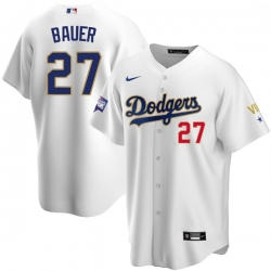 Youth Los Angeles Dodgers Trevor Bauer 27 Championship Gold Trim White Limited All Stitched Flex Base Jersey