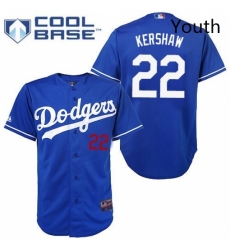Youth Majestic Los Angeles Dodgers 22 Clayton Kershaw Replica Royal Blue Cool Base MLB Jersey