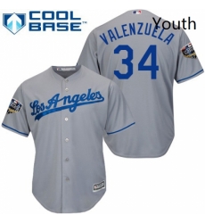 Youth Majestic Los Angeles Dodgers 34 Fernando Valenzuela Authentic Grey Road Cool Base 2018 World Series MLB Jersey