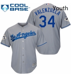 Youth Majestic Los Angeles Dodgers 34 Fernando Valenzuela Replica Grey Road 2017 World Series Bound Cool Base MLB Jersey