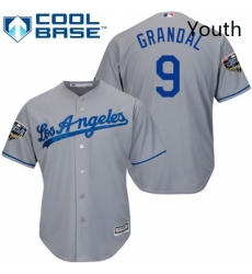 Youth Majestic Los Angeles Dodgers 9 Yasmani Grandal Authentic Grey Road Cool Base 2018 World Series MLB Jersey