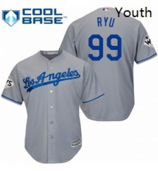 Youth Majestic Los Angeles Dodgers 99 Hyun Jin Ryu Authentic Grey Road 2017 World Series Bound Cool Base MLB Jersey