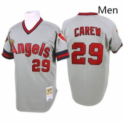 Mens Mitchell and Ness 1985 Los Angeles Angels of Anaheim 29 Rod Carew Replica Grey Throwback MLB Jersey