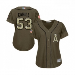 Womens Los Angeles Angels of Anaheim 53 Trevor Cahill Authentic Green Salute to Service Baseball Jersey 