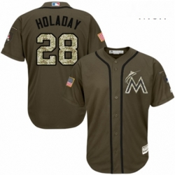 Mens Majestic Miami Marlins 28 Bryan Holaday Authentic Green Salute to Service MLB Jersey 