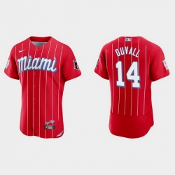 Miami Marlins 14 Adam Duvall Men Nike 2021 City Connect Authentic MLB Jersey Red