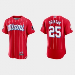 Miami Marlins 25 Lewis Brinson Men Nike 2021 City Connect Authentic MLB Jersey Red