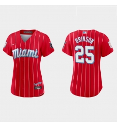 Miami Marlins 25 Lewis Brinson Women Nike 2021 City Connect Authentic MLB Jersey Red