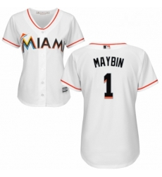 Womens Majestic Miami Marlins 1 Cameron Maybin Authentic White Home Cool Base MLB Jersey 